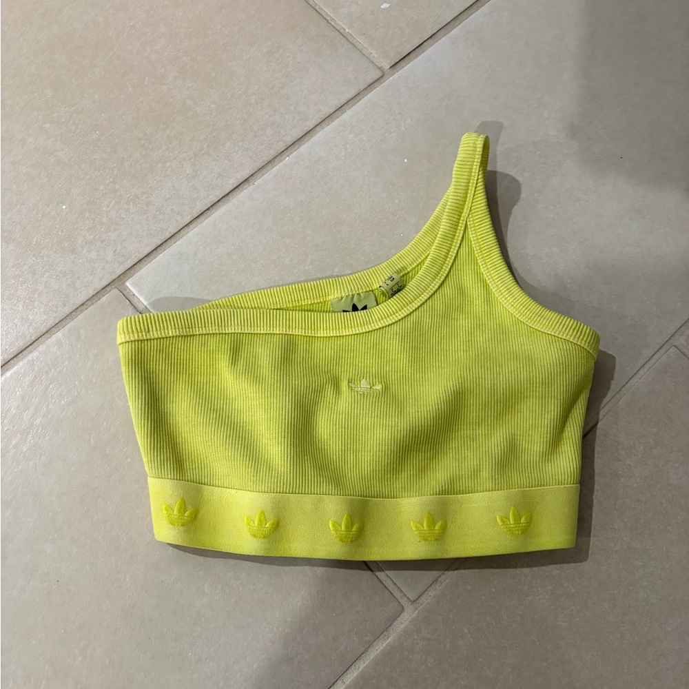 NWOT adidas Originals Ribbed One-Shoulder Bra Top - Pulse Lime Green - Size S - Picture 1 of 3